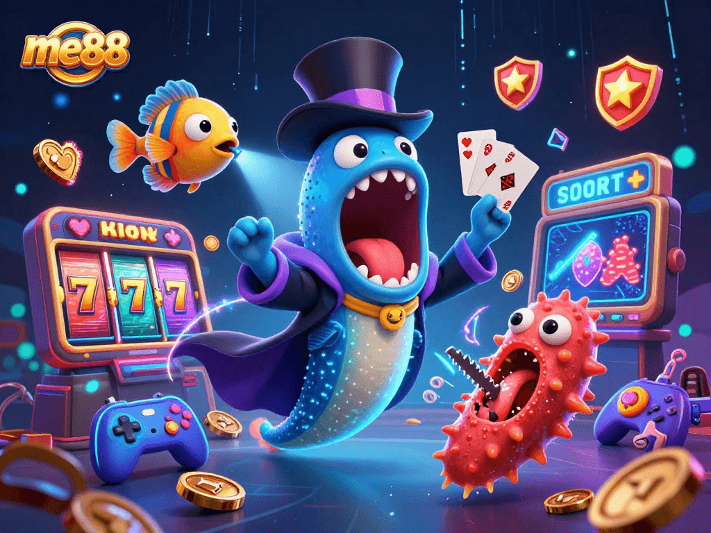 Experience thrilling moments at me88 online casino with vibrant 3D gaming characters and elements.