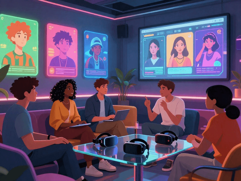 Engaging lounge scene featuring nsfw ai art discussions among friends with tech elements.