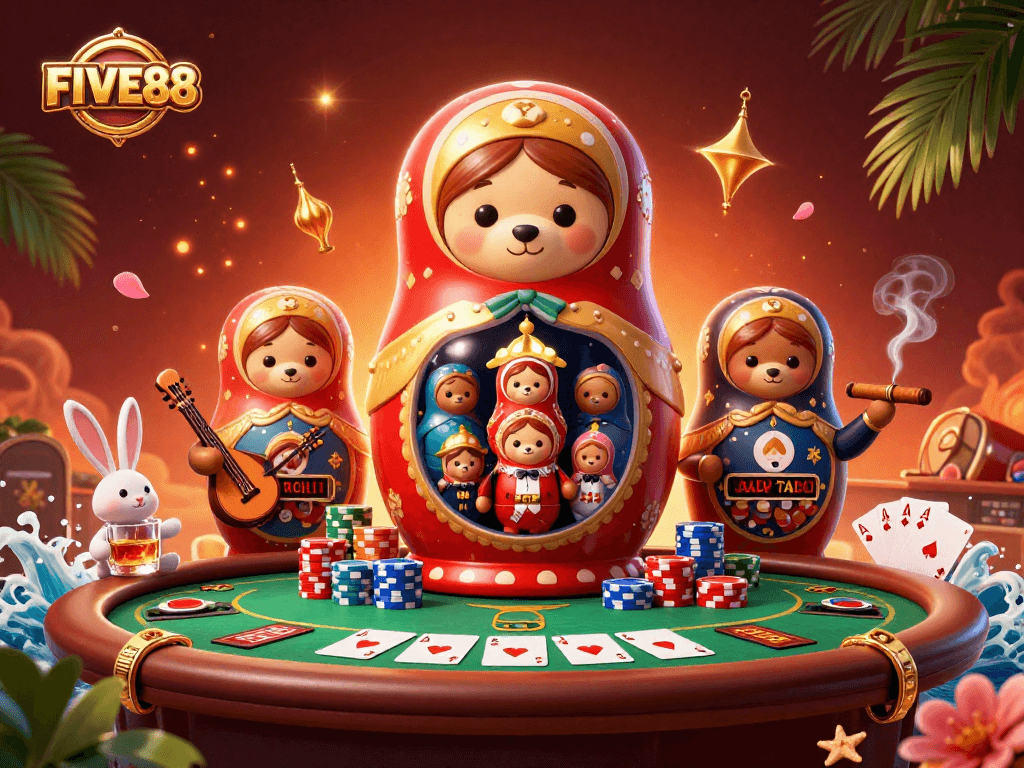 Experience the vibrant FIVE88 casino atmosphere with this detailed 3D illustration of character interactions.
