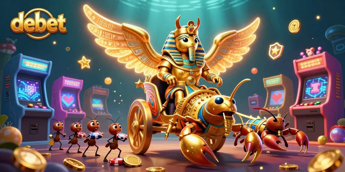 debet casino illustration featuring golden beetle, scorpions, and poker chips in an energetic scene