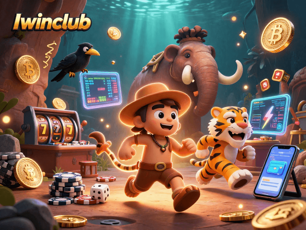 Iwinclub engages players with a vibrant prehistoric casino scene featuring unique characters and dynamic game elements