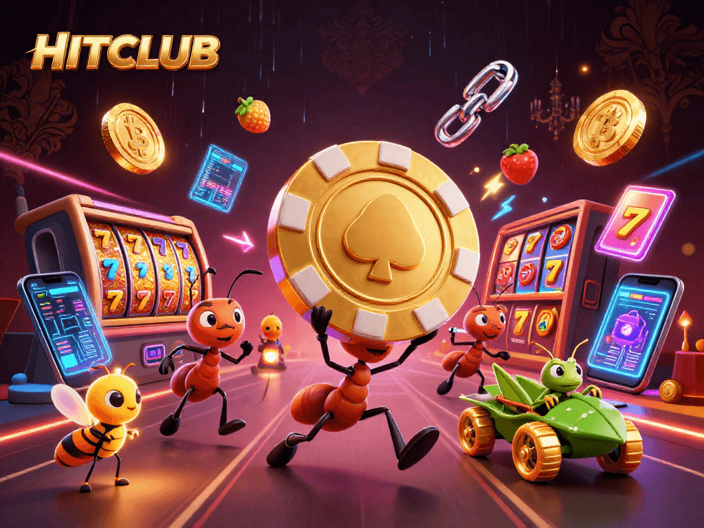 Experience the thrill of HITCLUB with a vibrant illustration of a heist led by 3D ants carrying a giant poker chip.