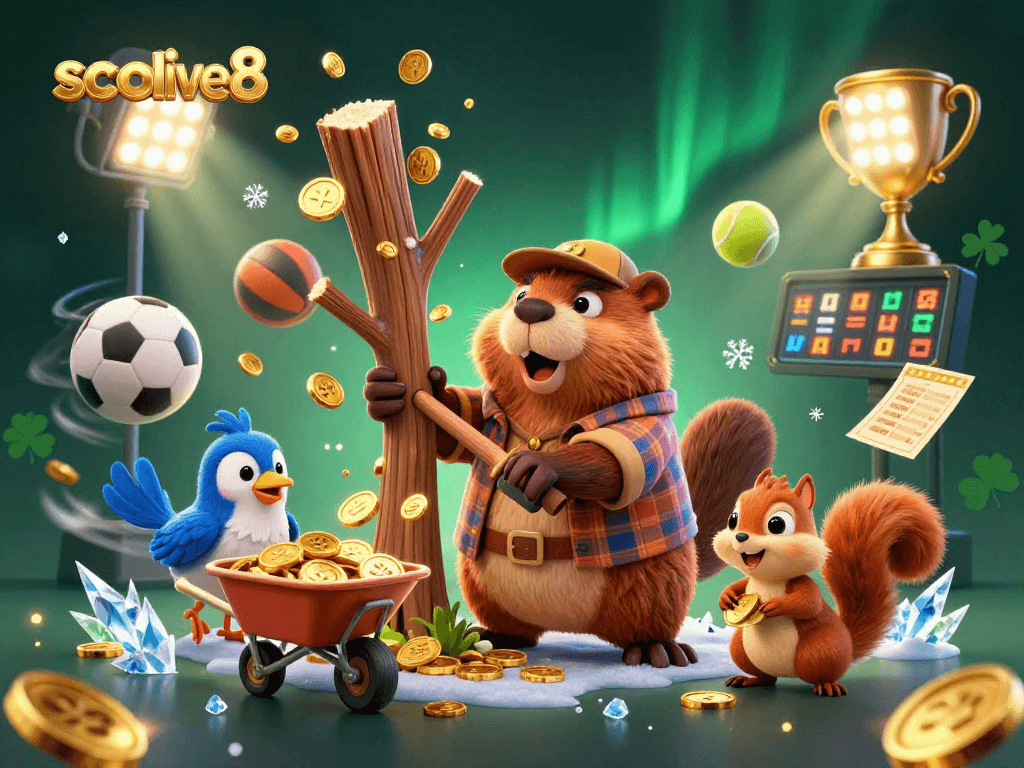 Socolive8 showcases a lively casino atmosphere with a cartoon beaver collecting coins and sporting elements.