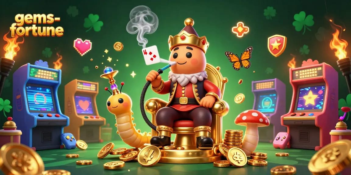 Engage with gems-fortune through an exciting scene featuring a caterpillar master and vibrant casino elements.