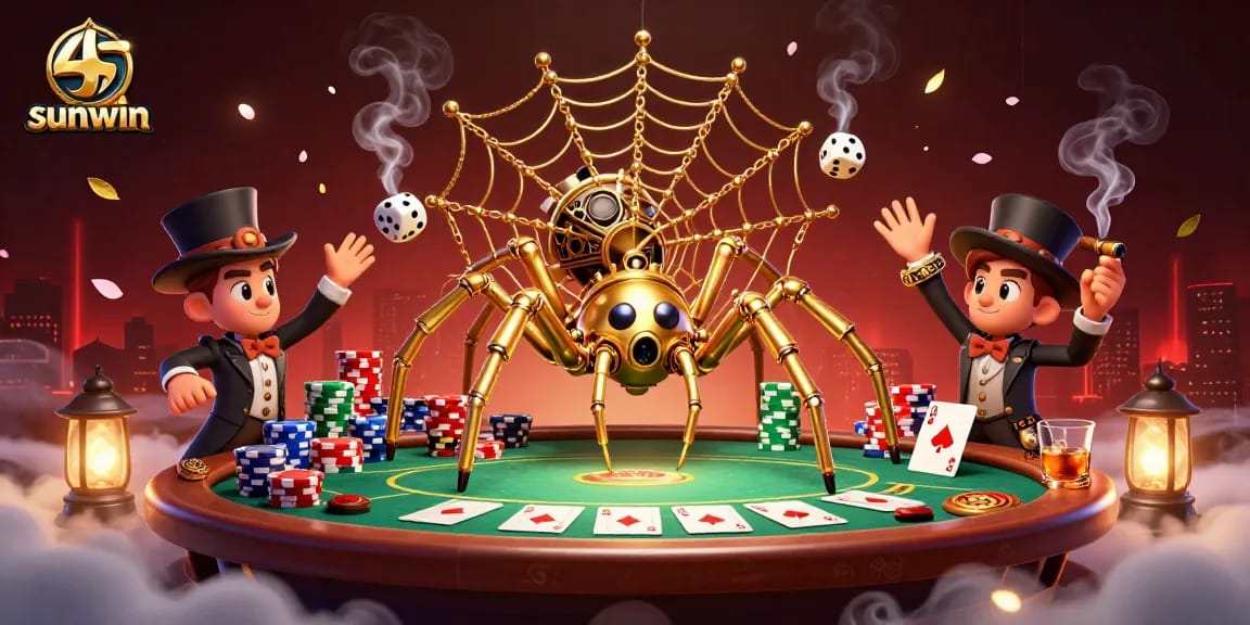 Experience the thrill of sunwin with a captivating steampunk scene featuring a spider weaving a golden web of poker chips.