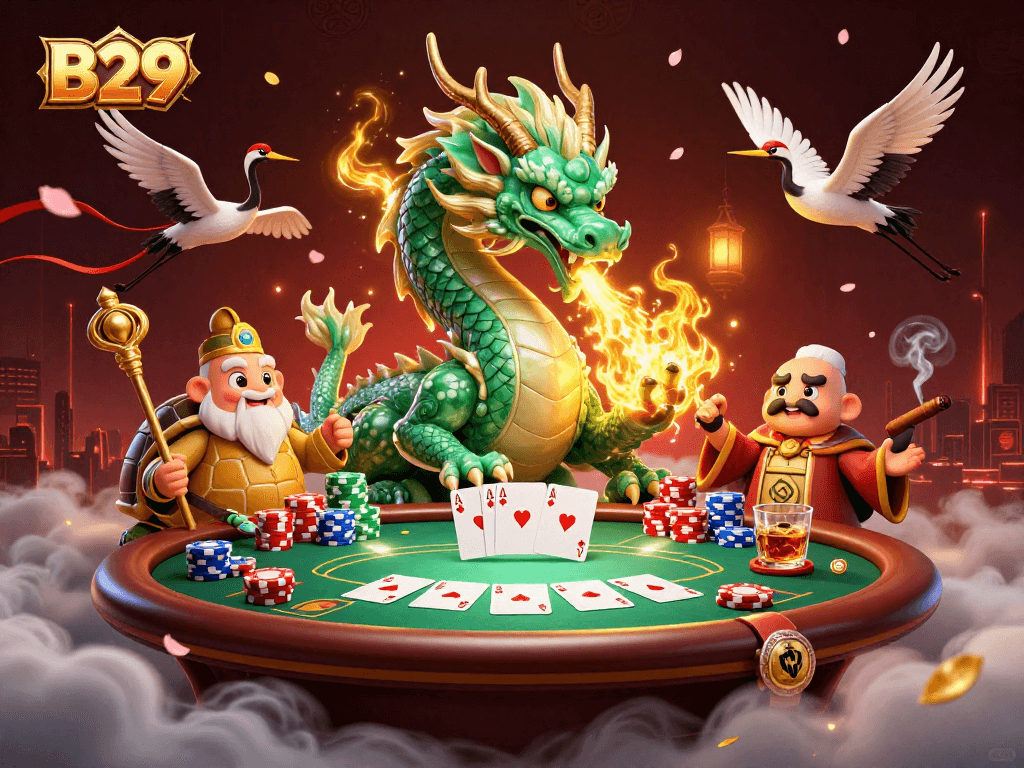 B29 unleashes excitement with a jade dragon and poker scene, filled with dynamic energy and charm.