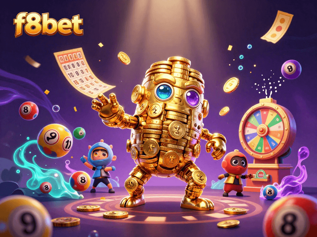 Engage with exciting gaming moments at f8bet with vibrant lottery elements and a captivating golem.