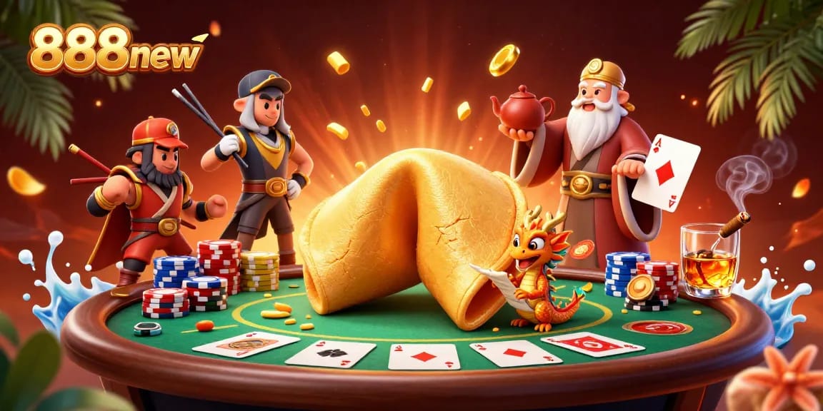 Engage in 888new's vibrant casino world filled with poker chips, a wise dragon, and golden fortune cookie.