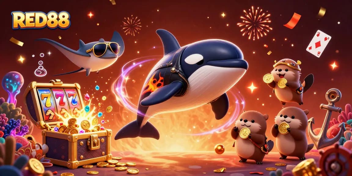 Engage in winning moments with RED88, where sea otters celebrate big wins surrounded by vibrant casino symbols.