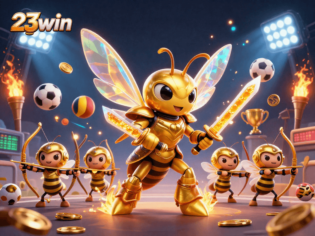 Engage with the vibrant 23win gaming scene featuring a golden hornet and sports elements.
