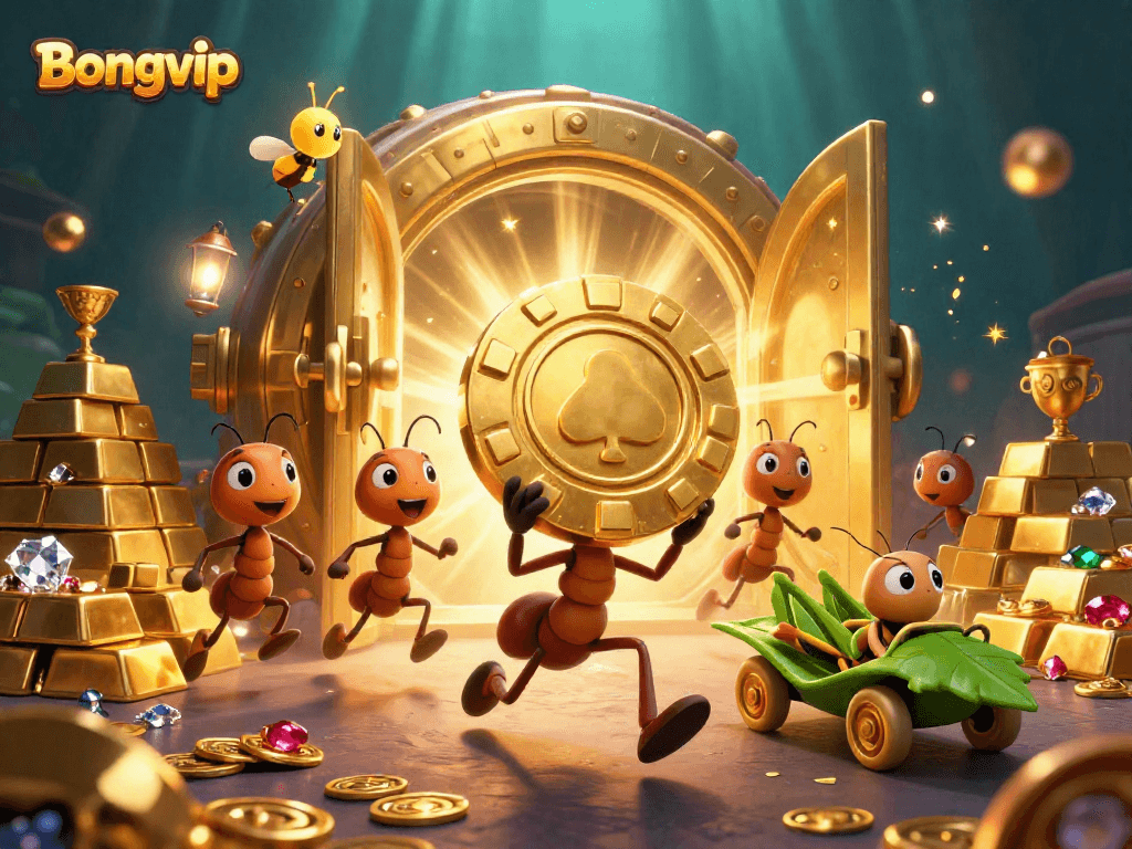 Bongvip brings action with a cartoon heist featuring ants, gold poker chips, and vibrant treasures.
