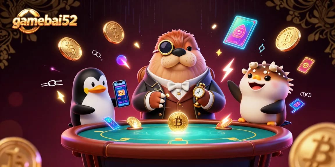 Experience gamebai52 excitement with a jolly walrus and friends at an underwater poker table.