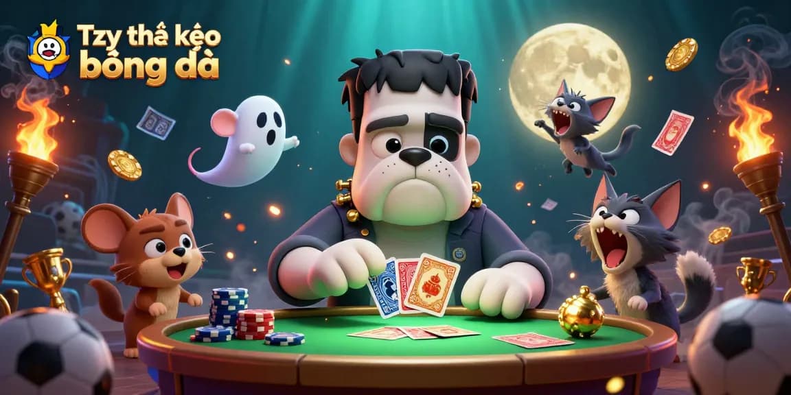 Tỷ lệ kèo bóng đá visual representation with a Frankenstein bulldog and werewolf kitty at a sports betting table.