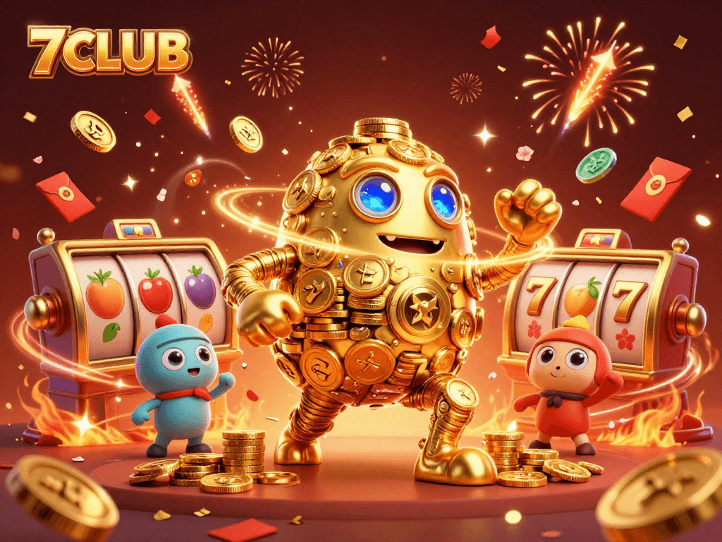 Engage with 7CLUB's thrilling 3D casino experience featuring a golden golem and vibrant slot symbols.