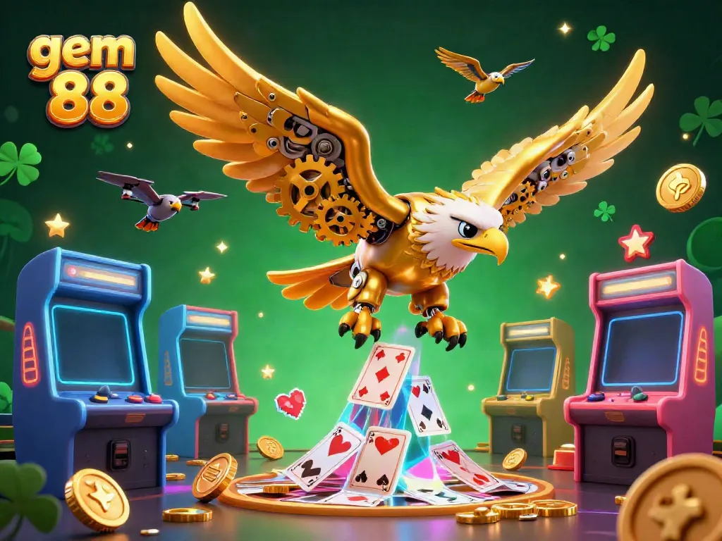 Experience thrilling gameplay with gem 88's vibrant 3D casino scene featuring a golden eagle and exciting game elements.