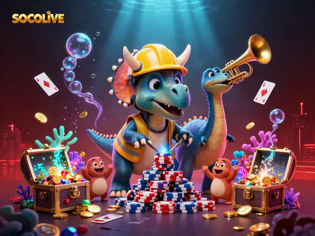 SOCOLIVE showcases a vibrant 3D scene with playful characters building poker chips while celebrating with bioluminescent elements.