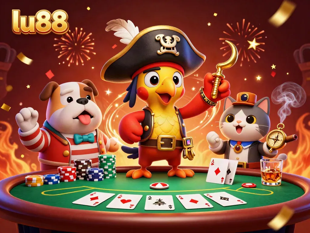 Experience thrilling gaming at lu88 with a colorful scene featuring a pirate captain, bulldog, and cat navigating the fortunes.
