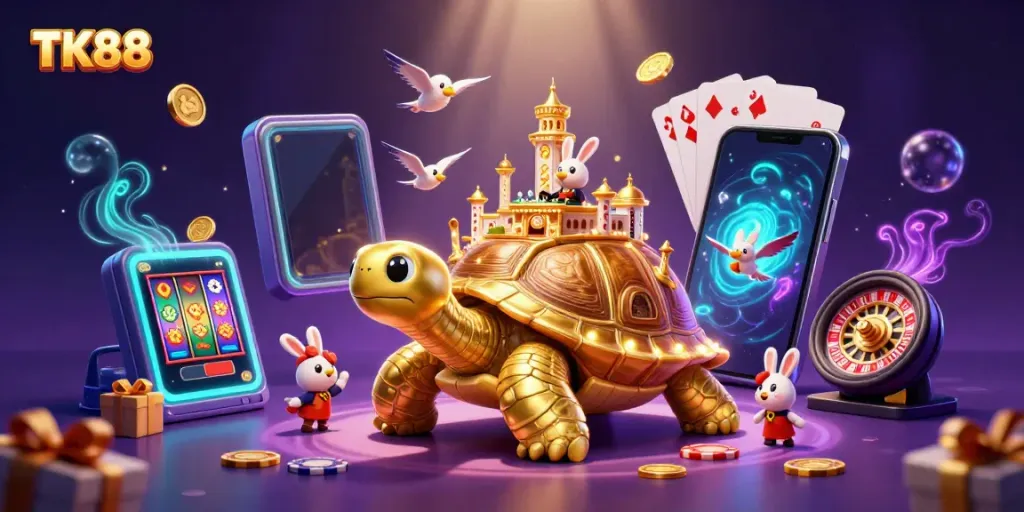 Engage with TK88's thrilling casino adventures featuring a golden tortoise and vibrant games.