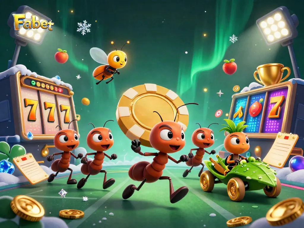 Fabet showcases a dynamic heist scene with ants carrying a golden poker chip among slot machines and sparkling effects.
