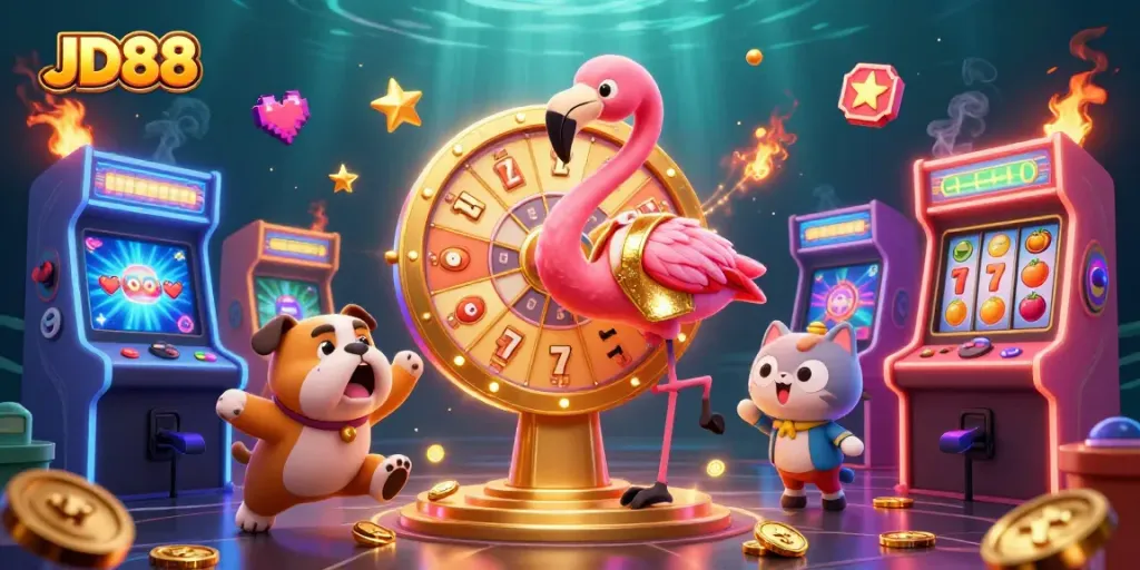 Engage with JD88's thrilling jackpot games in a vibrant casino showdown illustration.