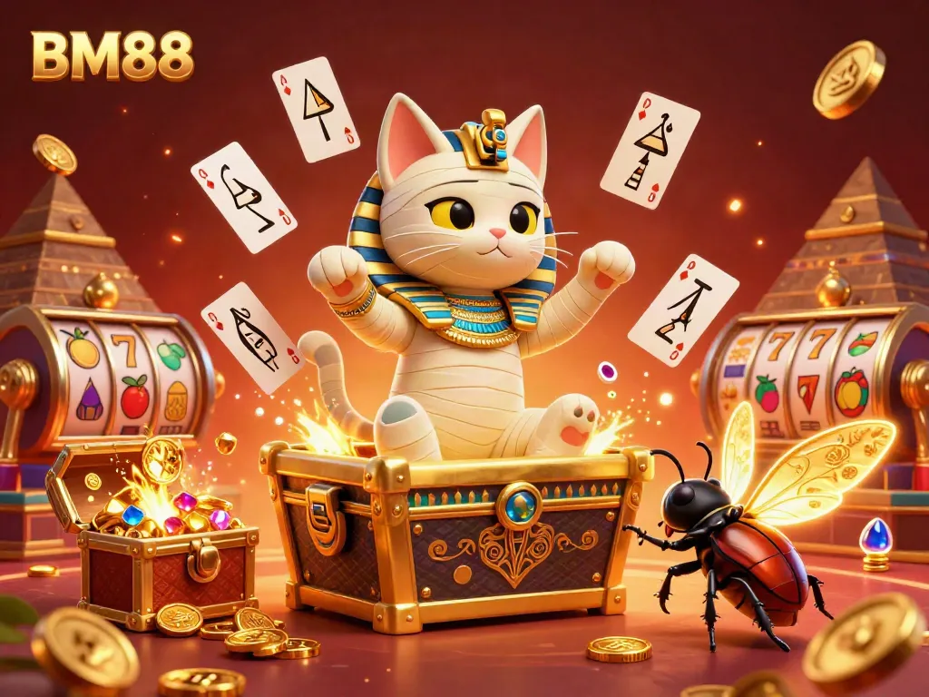 Experience the thrill of BM88 as the mummy cat bursts from its treasure-filled sarcophagus in a vibrant casino scene.