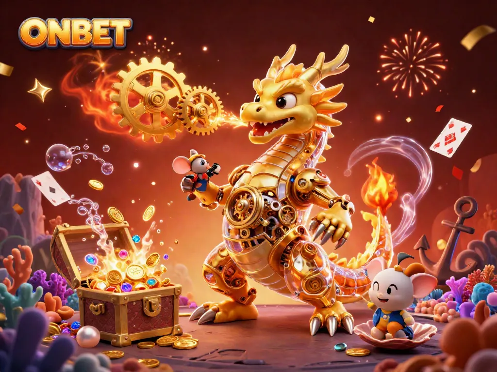 Engage with ONBET's thrilling casino adventure featuring a golden dragon and treasure.