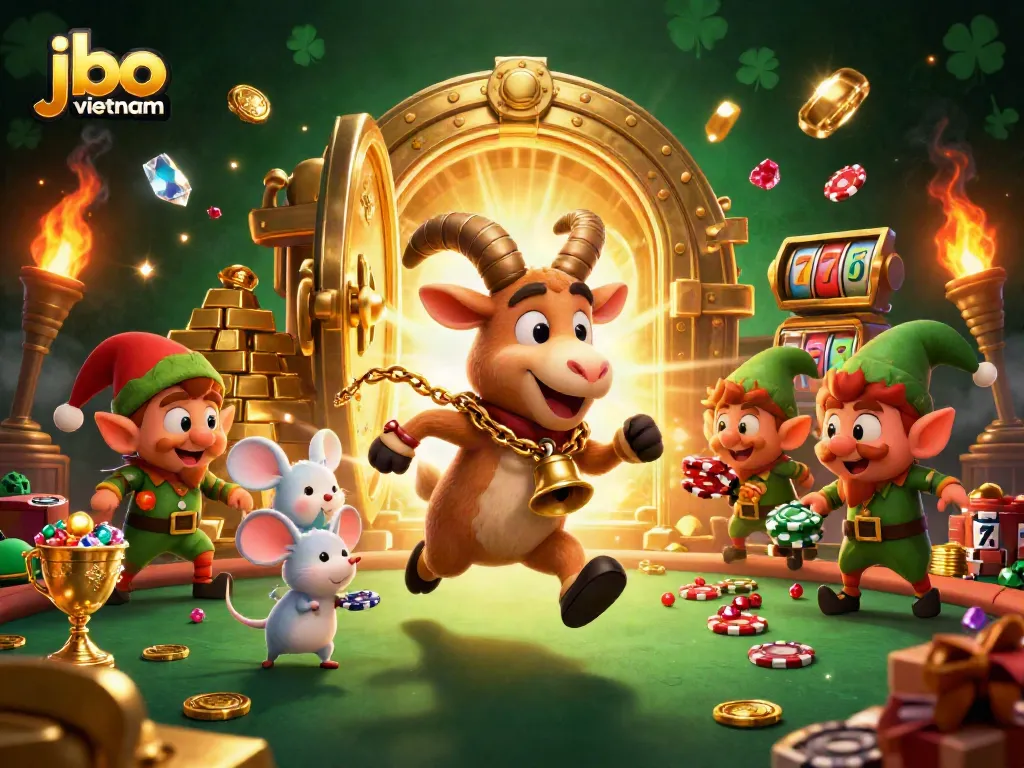 Experience jbo vietnam's vibrant gaming world with a festive Krampus and playful characters at a festive casino.