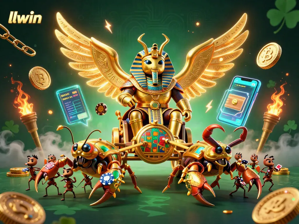 llwin engages players with a vibrant casino scene featuring a golden scarab and crypto elements, inviting excitement.