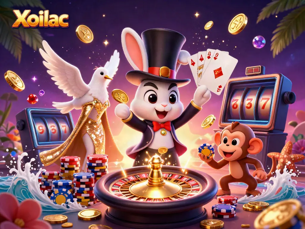 Xoilac offers an exciting cartoon scene with a magician rabbit, dove, and monkey engaging in fun casino actions.