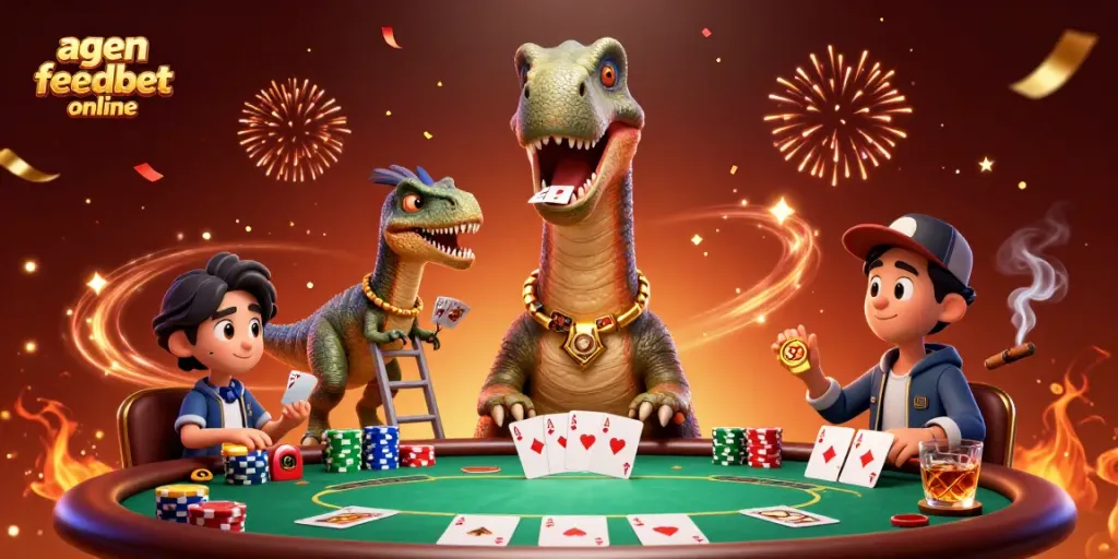 Play at agen feedbet online with dynamic 3D illustration of a giant casino scene and poker action.