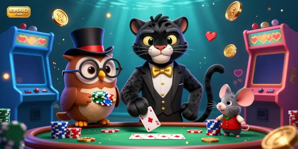 Engage in thrilling casino action at aau882 com, featuring vibrant cartoon characters enjoying gaming excitement.