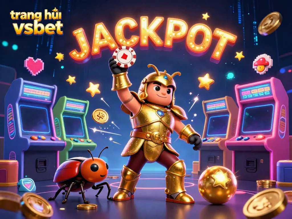 Experience a vibrant jackpot scene on trang chủ vsbet with hercules beetle, arcade elements, and firefly magic.