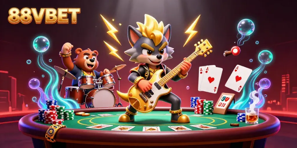 Engage with the vibrant scene of 88VBET, showcasing a rock star wolf and a drummer bear in an energetic casino atmosphere.