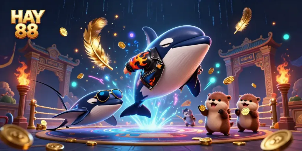 HAY 88 showcases a vibrant 3D scene with an orca, stingray, and otters celebrating casino fun.