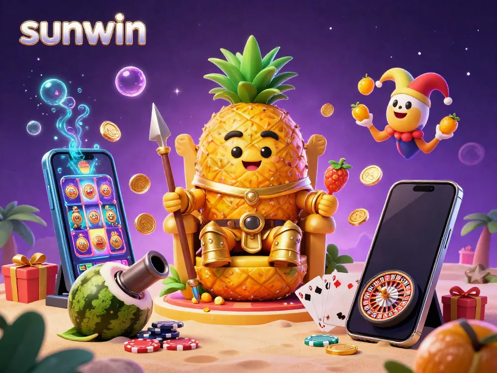 Experience the excitement of sunwin's vibrant casino scene with a pineapple king and dynamic gaming elements.