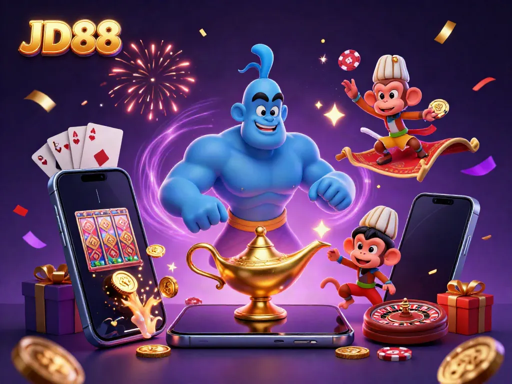 Experience the magic of JD88 with a vibrant scene of a genie and monkey amidst casino excitement.