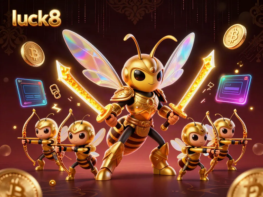 Experience excitement with luck8's vibrant 3D illustration of a samurai hornet and crypto elements.