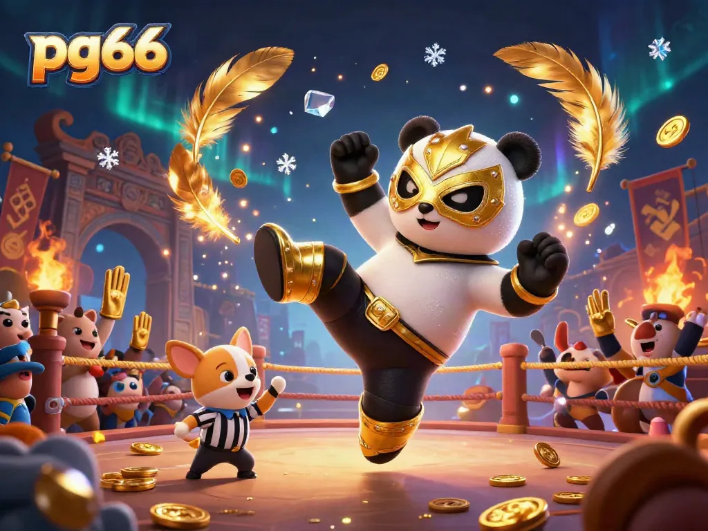 Engage with pg66 in this vibrant casino scene featuring a flying panda wrestler and cheering animal fans.