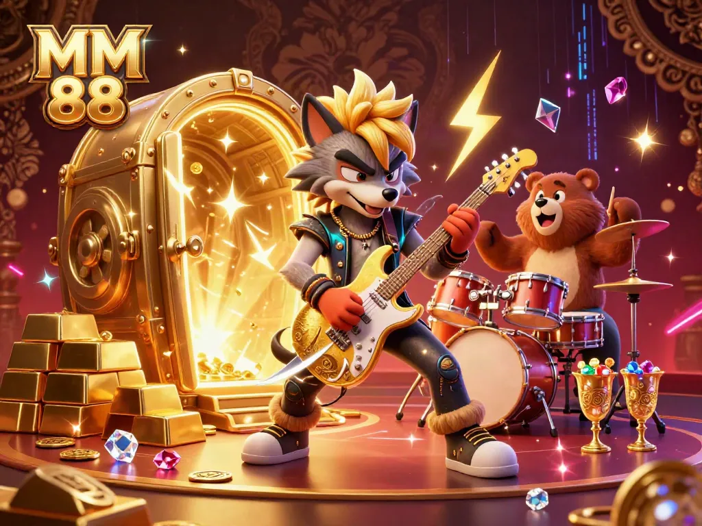 Experience MM 88 excitement with the rock star wolf and drummer bear in a vibrant casino scene of treasure.