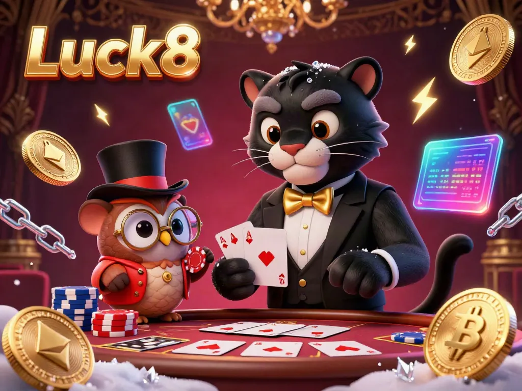 Luck8 features a tuxedoed panther dealing cards in a vibrant casino scene full of betting excitement.