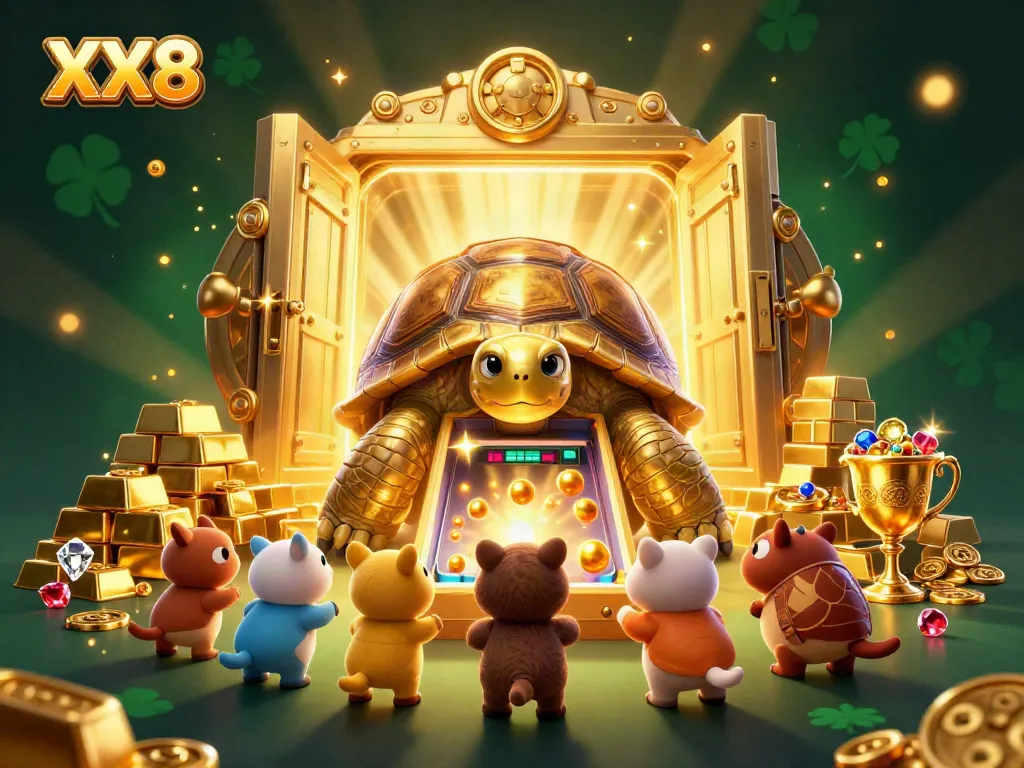 Engage with the vibrant XX8 online gaming world featuring a colossal golden tortoise pinball machine.