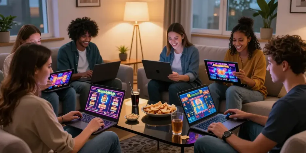 Friends enjoying online casinos not on GamStop in a cozy living room.