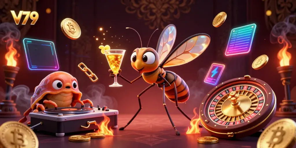 Experience V79 as a vibrant casino world with a lively mascot and rich gaming elements.