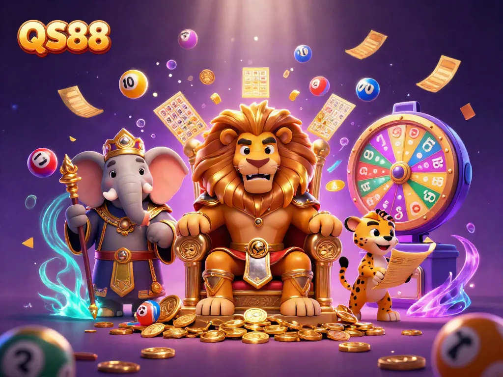 Experience thrilling gaming at QS88 with a majestic lion king seated on gold coins, amidst vibrant lottery elements.