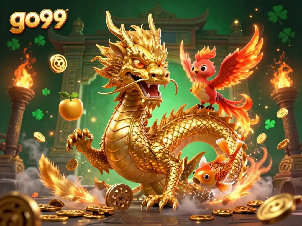 Experience dynamic gaming action with the go99 dragon, phoenix, and koi in a vibrant casino scene.