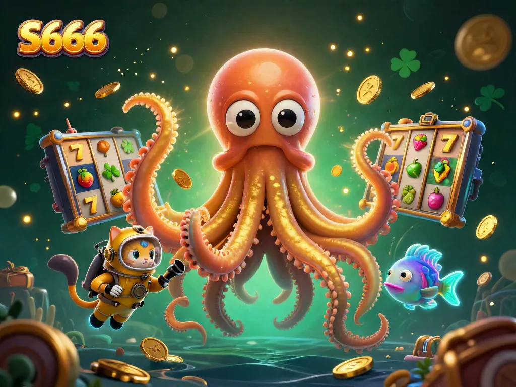 Experience the thrilling S666 slots atmosphere with a cartoon kraken, diving cat, and gaming symbols.
