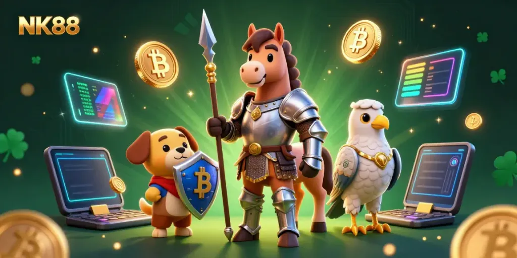 Join the excitement with NK88 in this dynamic casino-themed fantasy illustration bursting with digital riches and adventure.