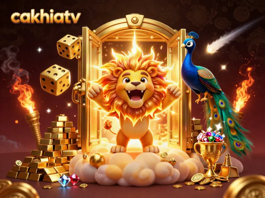 Cakhiatv delivers thrilling gaming action with a vibrant 3D lion surrounded by dazzling golden treasures.