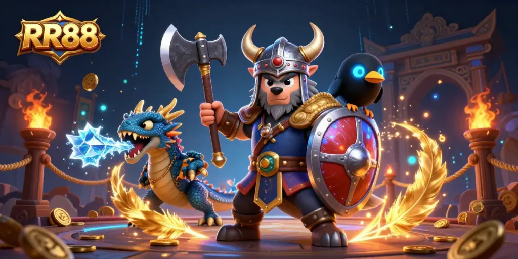 Experience thrilling gambling action with RR88, featuring a Viking warrior, dragons, and vibrant casino elements.