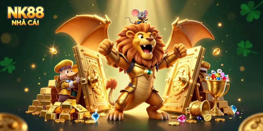 Experience excitement with NK88 NHÀ CÁI as a roaring chimera in golden armor guards treasures while a brave mouse jockey leads the adventure.
